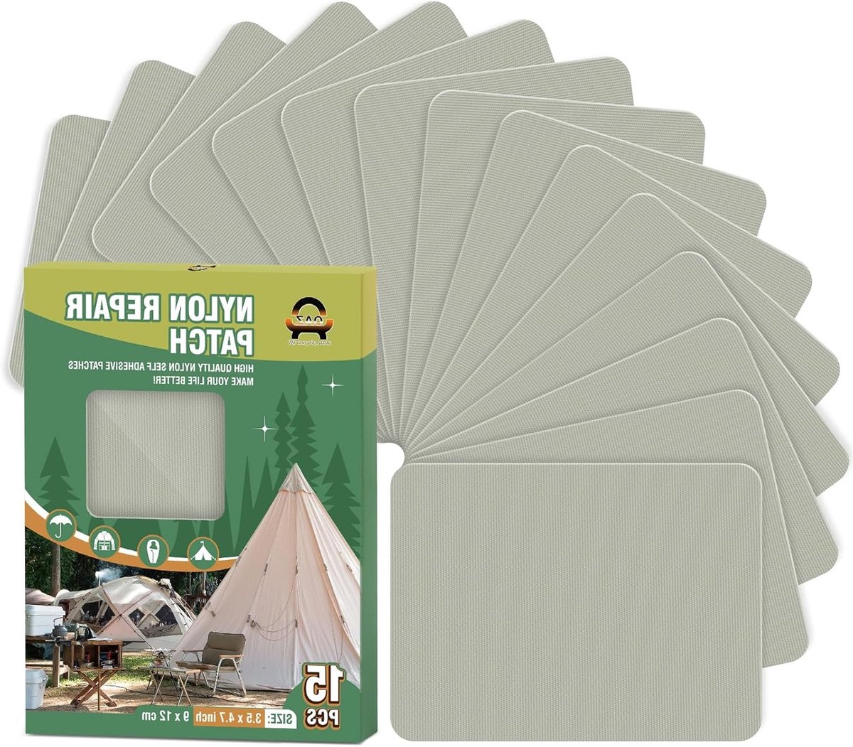 Set van 15 Zelfklevende Patches 9 x 12 cm Waterdichte Reparatie Patches voor Tent, Donsjack en Slaapzak in Lichtgrijs