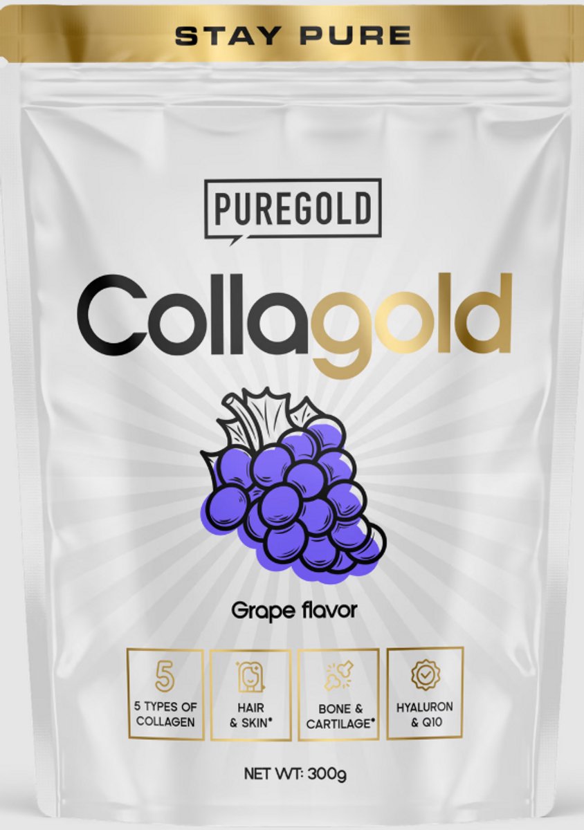 Pure Gold CollaGold Collageen Poeder – 300g – 25 Porties – 5 Types Collageen met Hyaluronzuur, Q10, Vitamine C & Zink – Druif