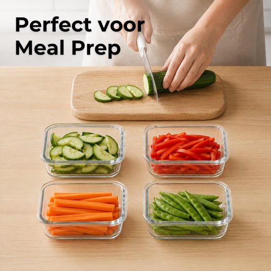 Five Stars® Boîtes de Conservation en Verre - 4 Pièces - Boîtes de Préparation de Repas - Boîtes de Congélation Hermétiques - Avec Couvercle - 1040 ml