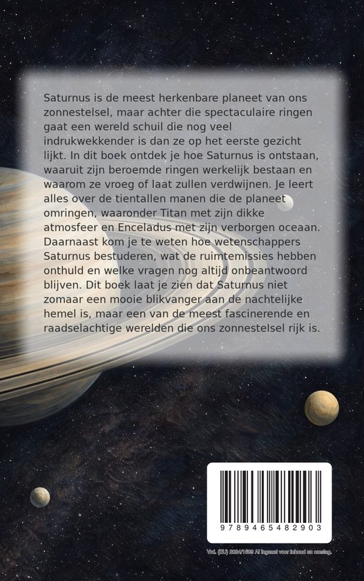 Boekomslag met een illustratie van Saturnus en zijn manen. Tekst 'Saturnus is de meest herkenbare planeet...