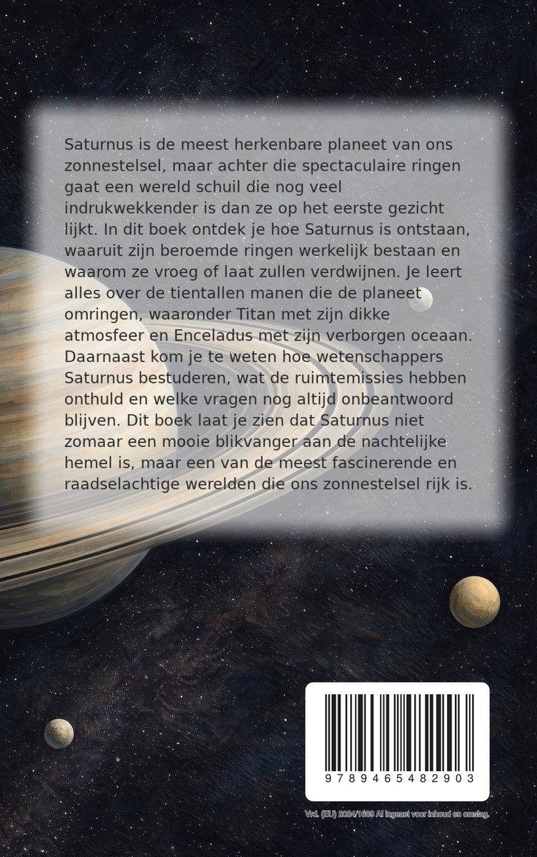 Boekomslag met een illustratie van Saturnus en zijn manen. Tekst 'Saturnus is de meest herkenbare planeet...