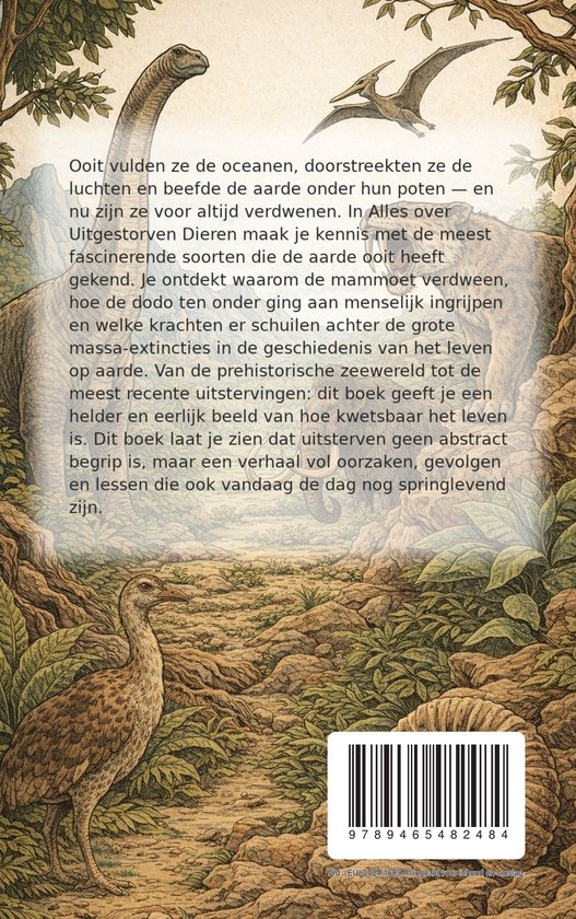 Een boek met illustraties van prehistorische dieren, waaronder een brontosaurus, een pterosauriër, een dodo en een dinosaurus. Dit is de achterkant van het boek.