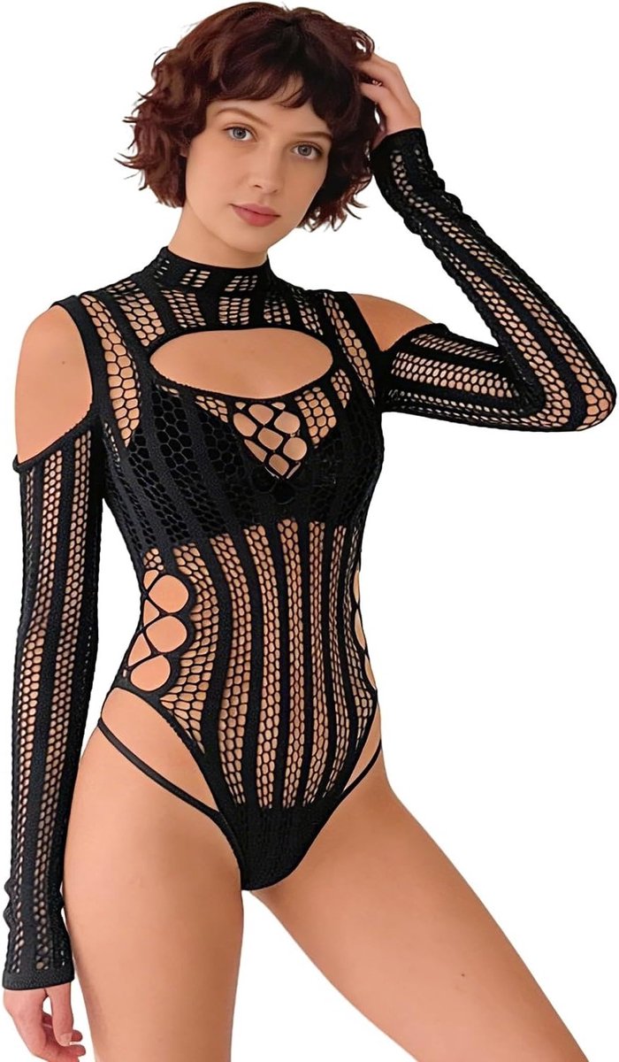 Zwarte Rave-outfit voor Dames | Uitgesneden Hoge Hals Kanten Bodysuit | Sexy Lingerie voor Festivals en Speciale Gelegenheden