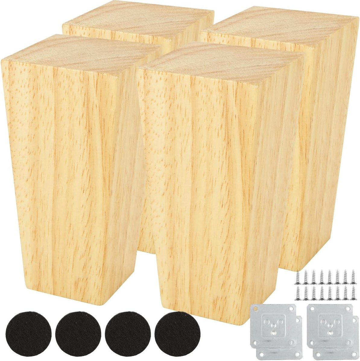 Set van 4 Houten Meubelpoten Vierkant 10 cm Kastpoten Tafelpoten Inclusief Voetkussens