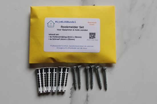 MijnKLUSBundel Rookmelder Set: 6 hollewandpluggen (6mm x 36mm) en 6 schroeven (4mm x 35mm). Boormaat 6 mm.