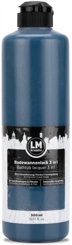 Fles badkuip lak 3-in-1 in de kleur Fresco Blauw, met een zwarte dop en een label met het logo en informatie over het product.