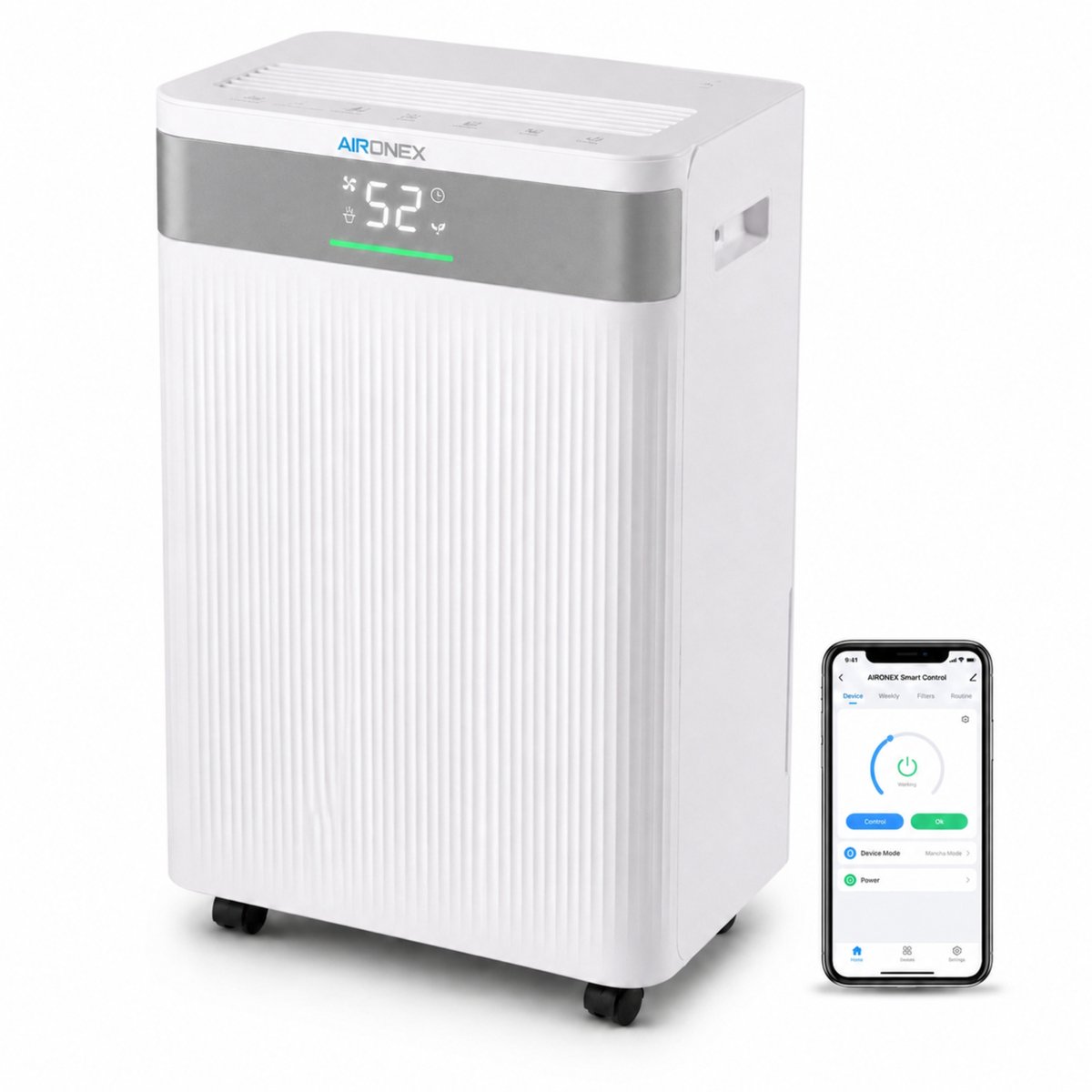Luchtontvochtiger Aironex - Ontvochtigt 20 liter per dag - Extreem Stil Geschikt voor woonkamer, slaapkamer en badkamer - Vochtvreter - Luchtontvochtiger en Luchtreiniger - Luchtontvochtiger slaapkamer - Wit - Dehumidifier
