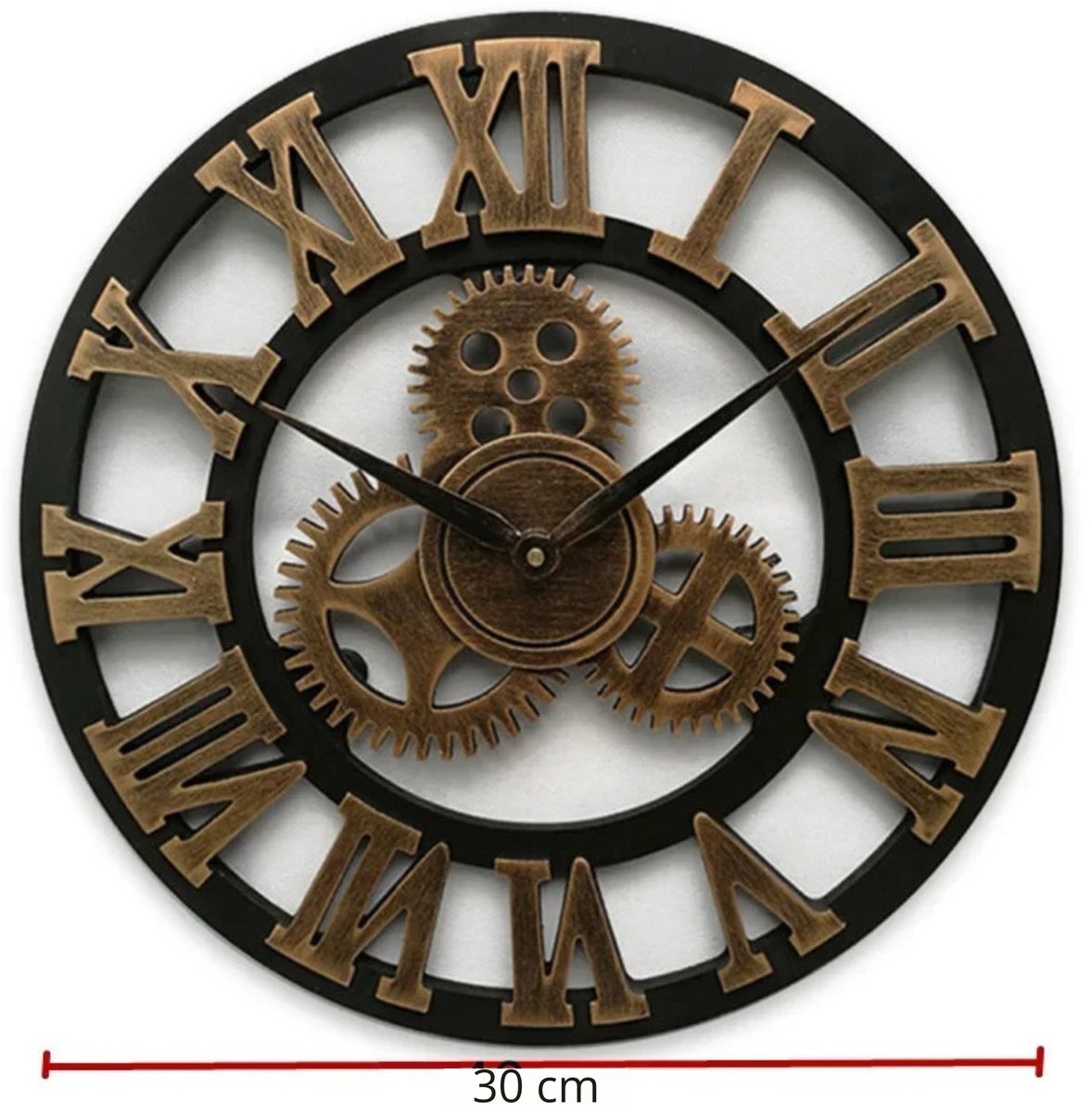 DailyDamaar klok - Horloge - Wandklok - Industriële klok - Wanddecoratie - Romeinse cijfers - 30 cm - Hout - Zwart - Goud