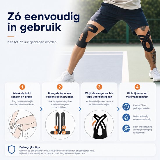 Man met zwarte kinesiotape op de knieën, die de eenvoudige aanbrenginstructies laat zien.
