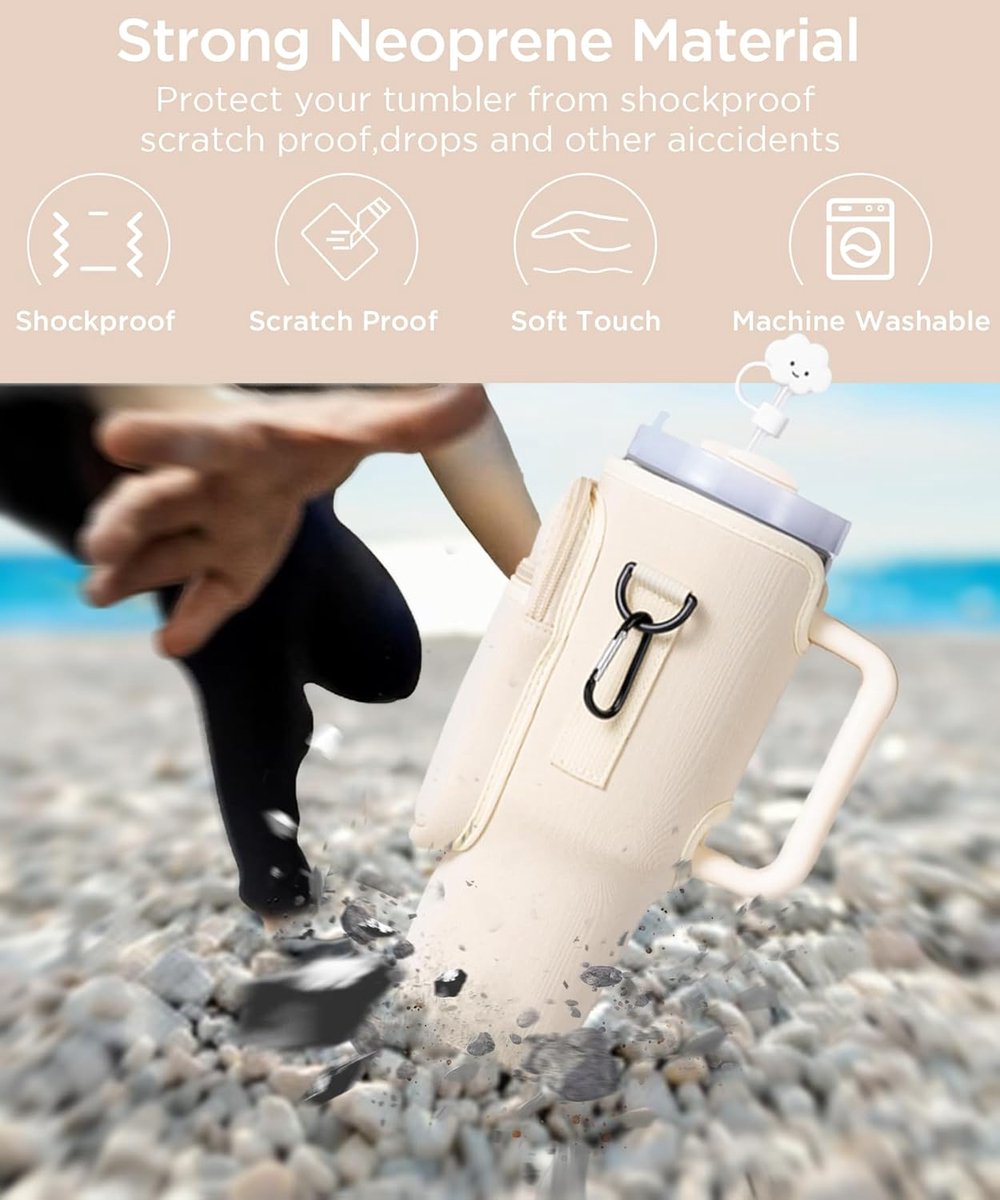 Waterfleshouder geschikt voor - stanley thermosfles stanley beker stanley drinkfles 40 oz - Draagtas - Bekerhouder - stanley cup accessoires - Schoudertas - Telefoonhouder - Beige – foto 7