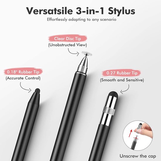Daity 3-in-1 Touchscreen-stylus - Zeer gevoelige en uiterst precieze capacitieve stylus, compatibel met Apple iPad, iPhone, diverse tablets, Samsung Galaxy en alle universele touchscreen-apparaten (2-pack - Zwart/Roségoud) van daity — afbeelding 2