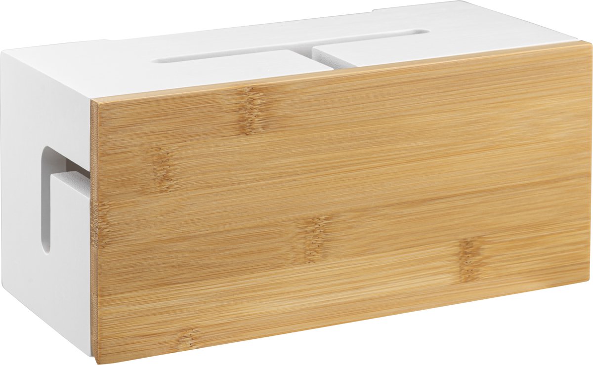 Kos Design - Witte kabelbox - Opberg stekkerdoos - Small - Bamboe design - Kabeldoos bureau - Snoeren opbergen - Cablebox organizer