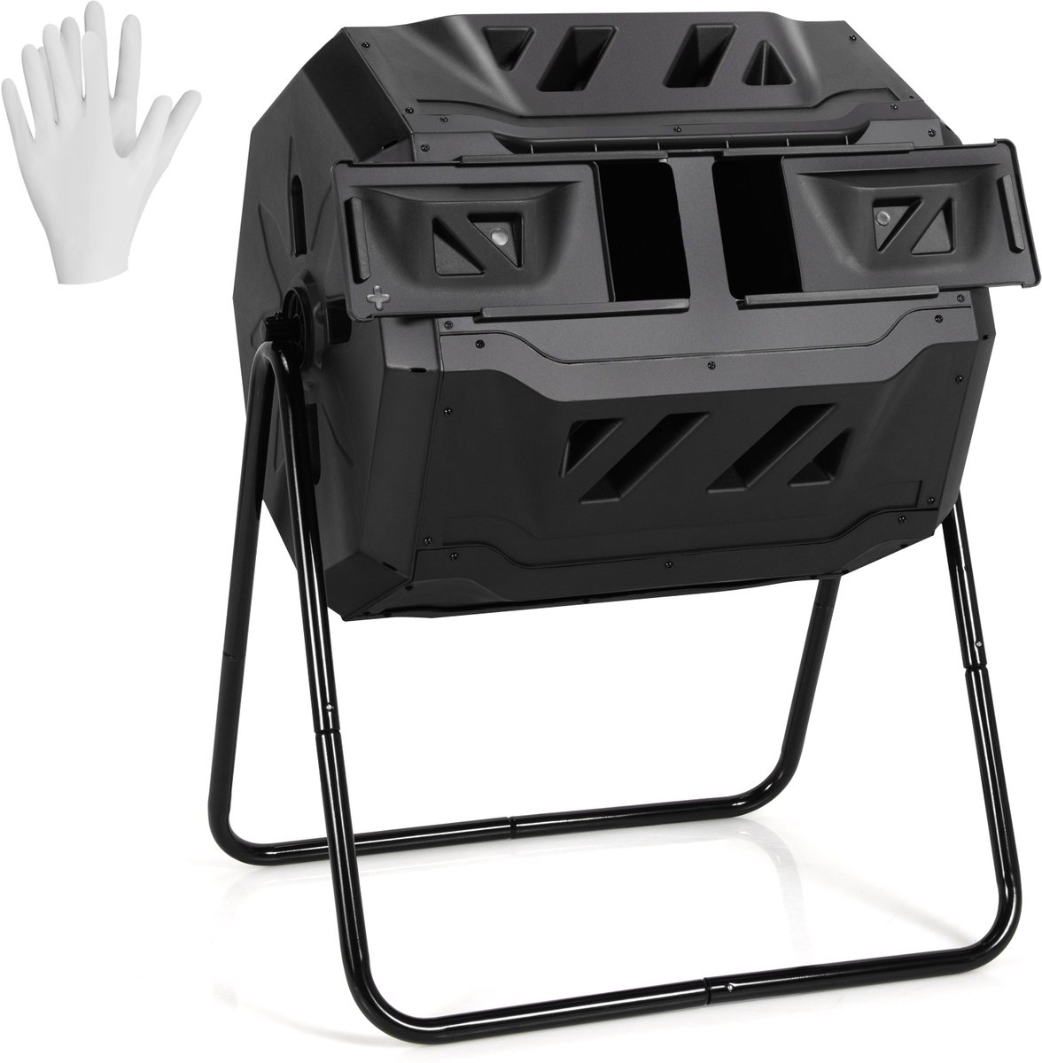 COSTWAY 160 liter trommelcompostbak, tuincompostbak, dubbele kamer, 360 graden draaibaar, compostcentrifuge met 2 schuifdeuren en handschoenen, snelcomposter van PP en metaal, voor tuin balkon, 70 x60 ×93 cm, Zwart