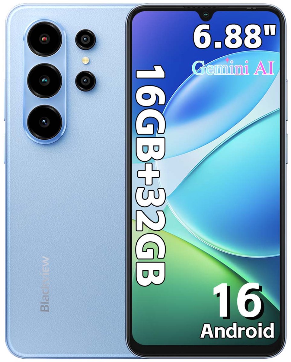 Blackview WAVE 10C Smartphone - Telefoon Dubbele Sim 4G - 6,88" HD+ IPS - 16GB(4+12) RAM - 32GB ROM - 5000 mAh - Android 16 - GPS - Blauw
