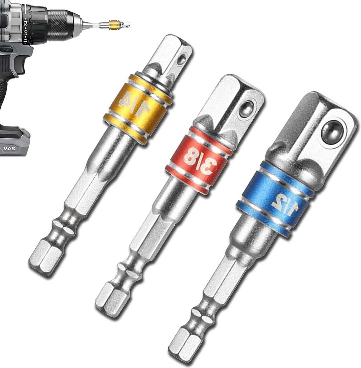 3-delige Hex Adapter Set voor 1/4", 1/2" en 3/8" Steeksleutel, Verlengstuk en Aansluitkop voor Accuschroevendraaiers