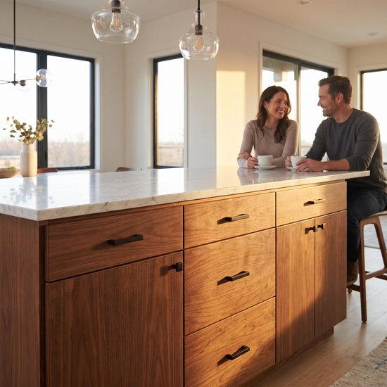Keukeneiland met houten deuren en ladefronten, voorzien van zwarte stanggrepen.