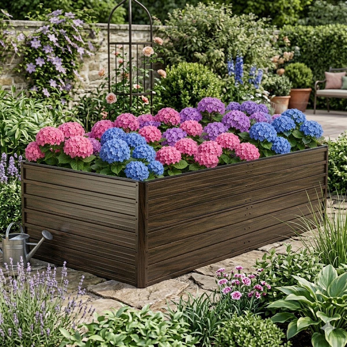 Metalen Verhoogd Tuinbed - 219x112x64 cm - Open aan de onderkant - Moestuinbak – Duurzame Roestvrije Plantenbak voor groenten, bloemen, balkons en tuinen - Houtkleur