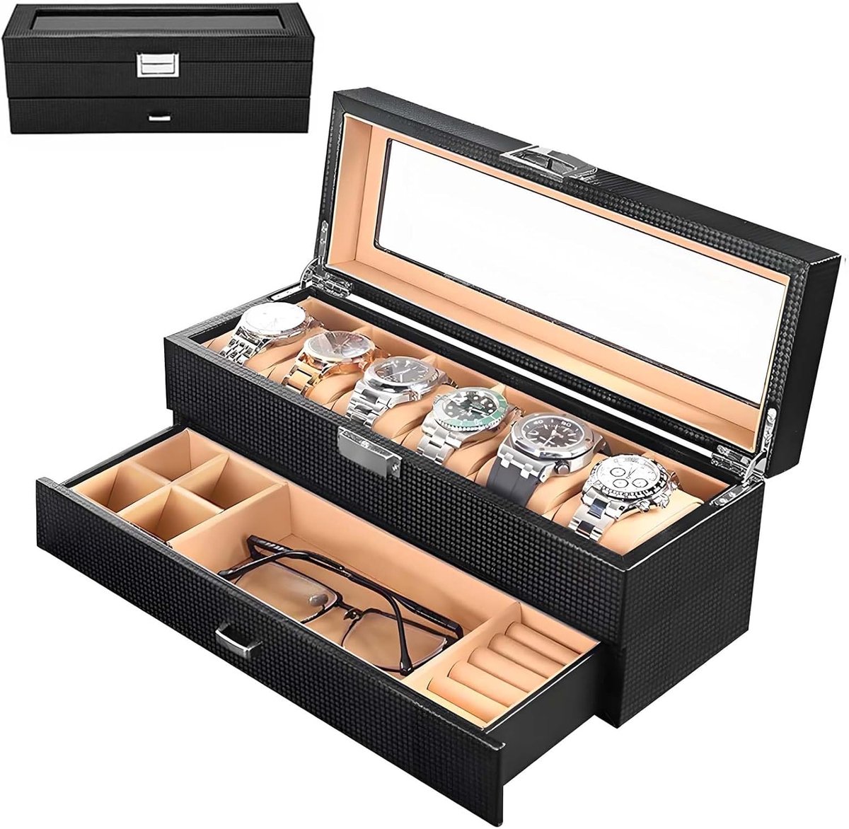 Horlogedoos met zes vakken – ideaal voor herenhorloges, sieraden en zonnebrillen. Geschikt voor het opbergen van horloges, zonnebrillen, sieraden en accessoires. Kleur: Zwart.