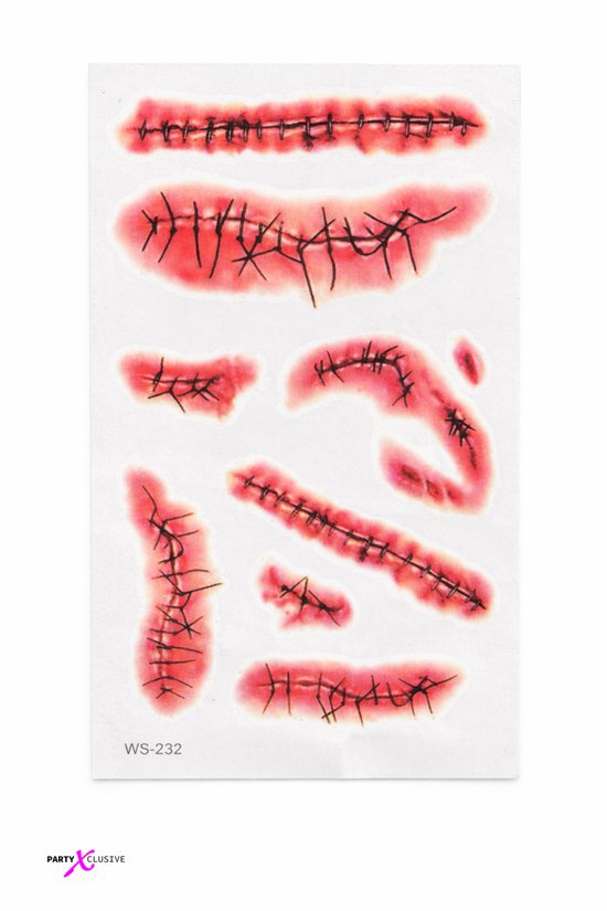 Vel met realistische tijdelijke tatoeages van neplittekens met hechtingen in diverse vormen en formaten.