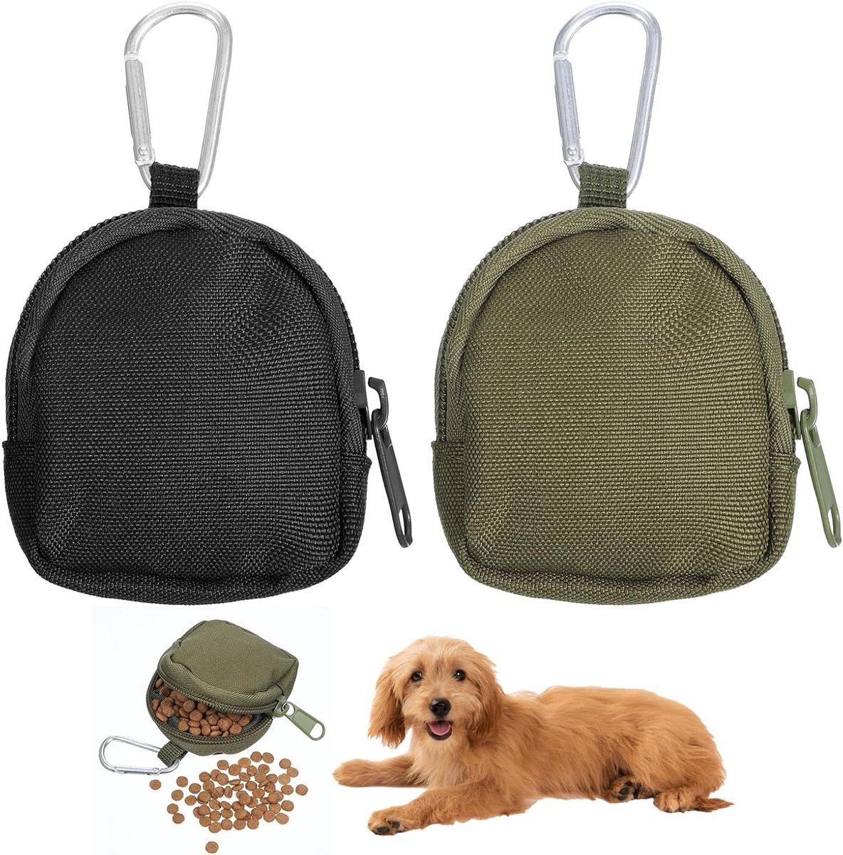 2 Stuks Hondensnoepzakken met Rits voor Training, Reis en Wandelen, Inclusief Carabiner voor Kleine Huisdieren