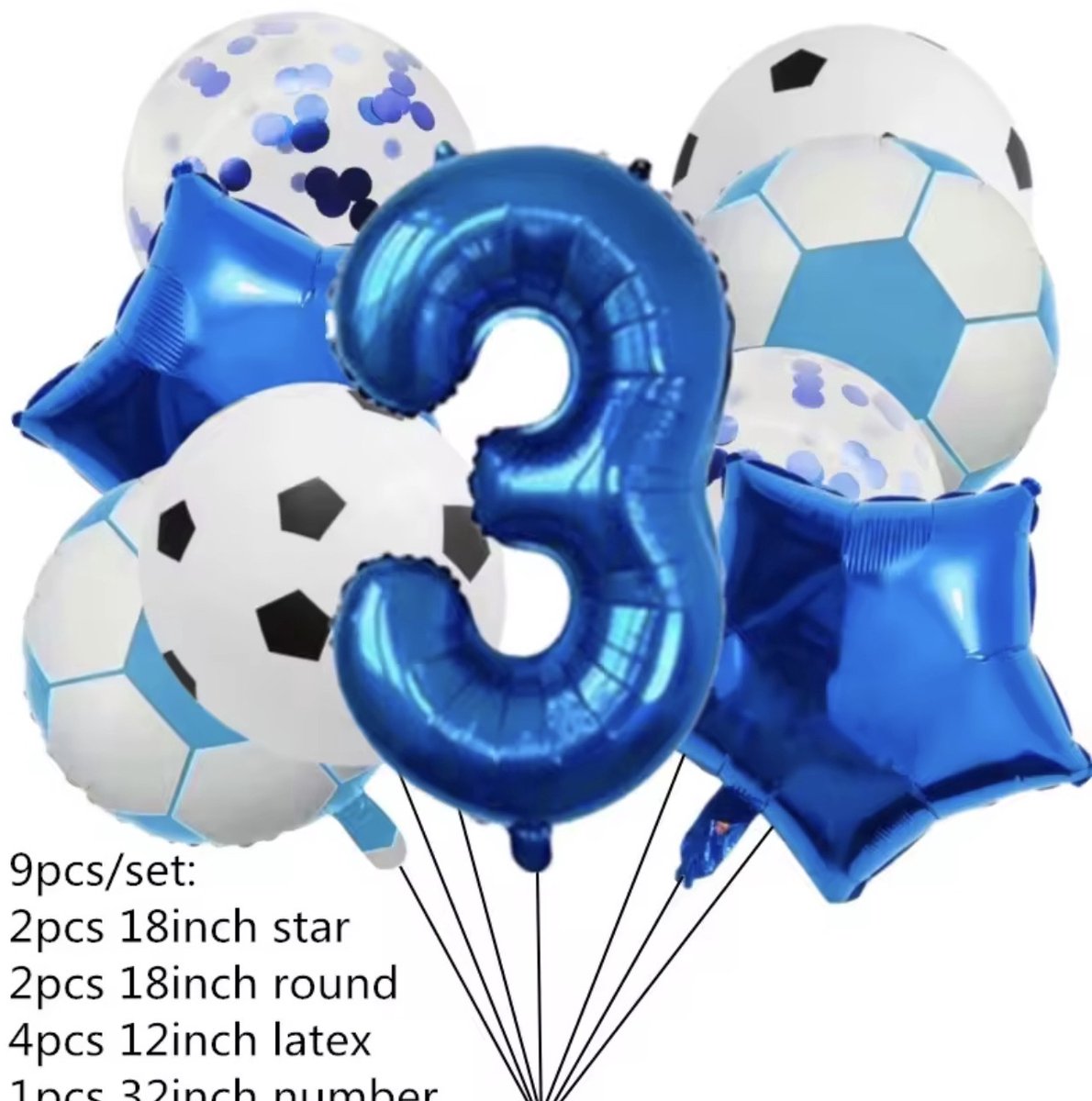 Voetbal Verjaardag Ballonnen Set 3 Jaar – 9 Delig – Blauw – Kinderfeest Decoratie