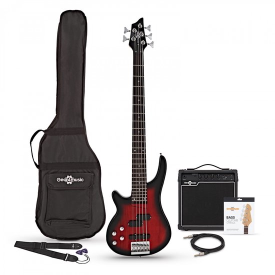 Een linkerhandige rode en zwarte 5-snarige basgitaar, 15W versterker, tas en accessoires.