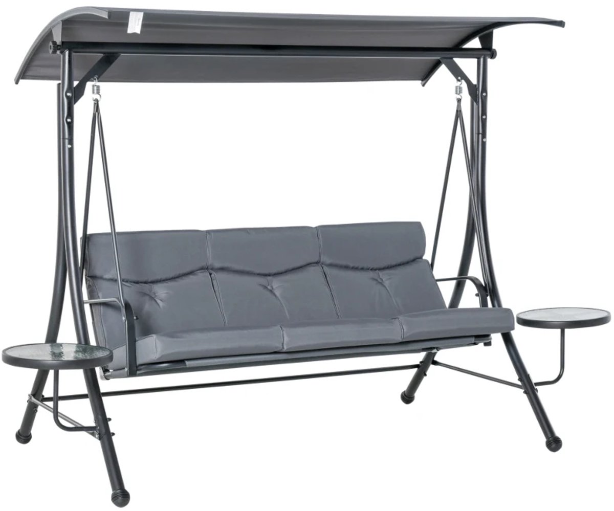 Hollywood Schommel - Schommelbank met Verstelbare Zonnedak, Bijzettafel & Kussens - 3-zits Tuinbank - Tuinschommel 3 Personen - tot 300 kg - Tuinmeubelen - voor Tuin, Terras, Balkon - Grijs + Zwart