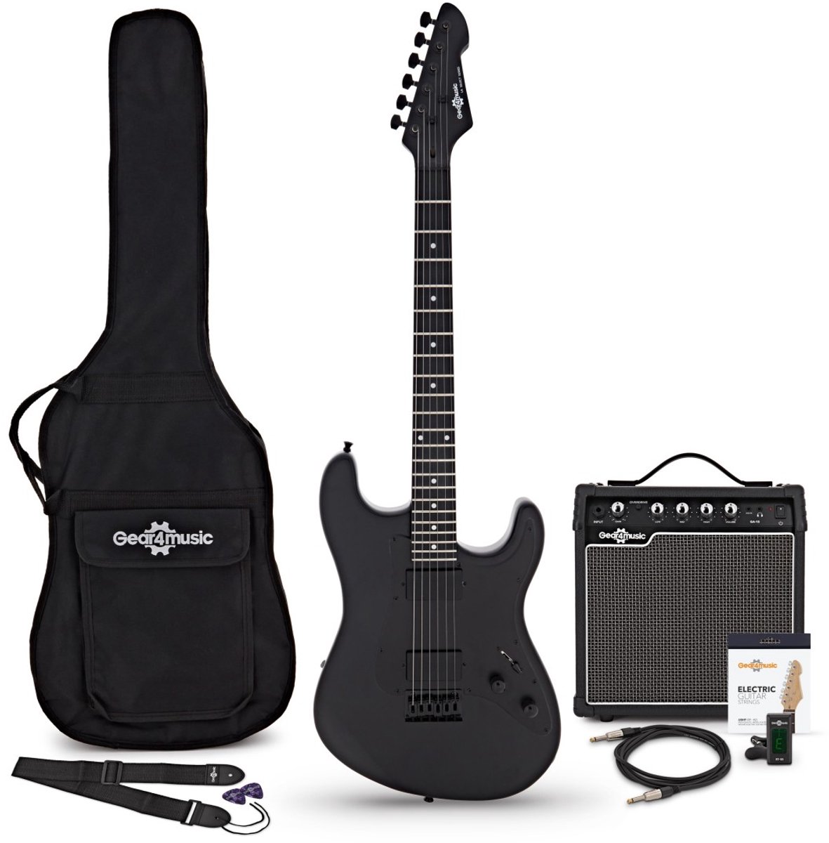 LA Select Modern Elektrische Gitaar, Blackout, 15W Versterker & Accessoireset