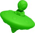 Groene alien in een vliegende schotel