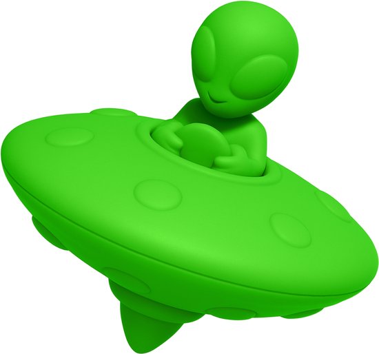 Groene alien in een vliegende schotel