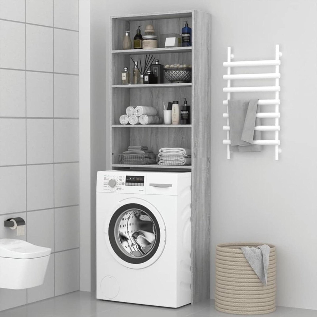 Gecheer Wasmachinekast, grijs, Sonoma 64 x 24 x 190 cm, rek voor wasmachine, ruimtebesparend, kast boven wasmachine, rek voor toilet, P815952