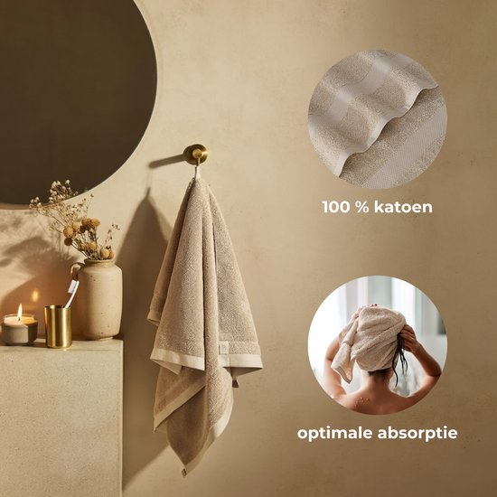 HUSH Living - Handdoek 100% katoen - per stuk - 50×100 cm - zware kwaliteit 500g/m2 - stijlvol boord en ophanglus - zand