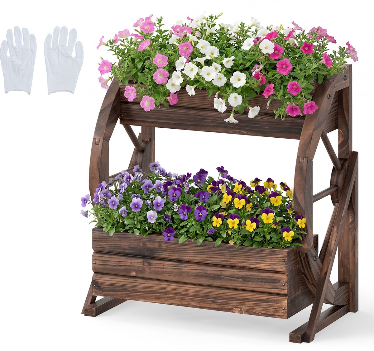 COSTWAY Bloembak met wielen, houten verhoogd plantenbed, plantenbak met 2 lagen, drainagegaten en halve wielen, bloembed, rustiek, decoratie voor terras, balkon of tuin, bruin (56 x 33 x 56,5 cm)