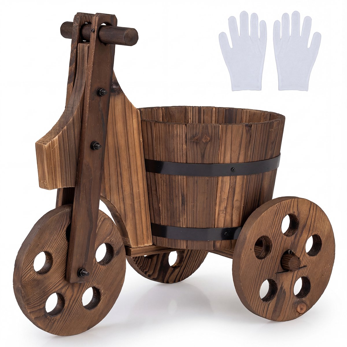 COSTWAY Driewielige plantenstandaard, bloembak met drainagegaten, bloempotten voor binnen en buiten, decoratie voor balkon, tuin en terras, tonvormig, 47 x 32 x 43,5 cm