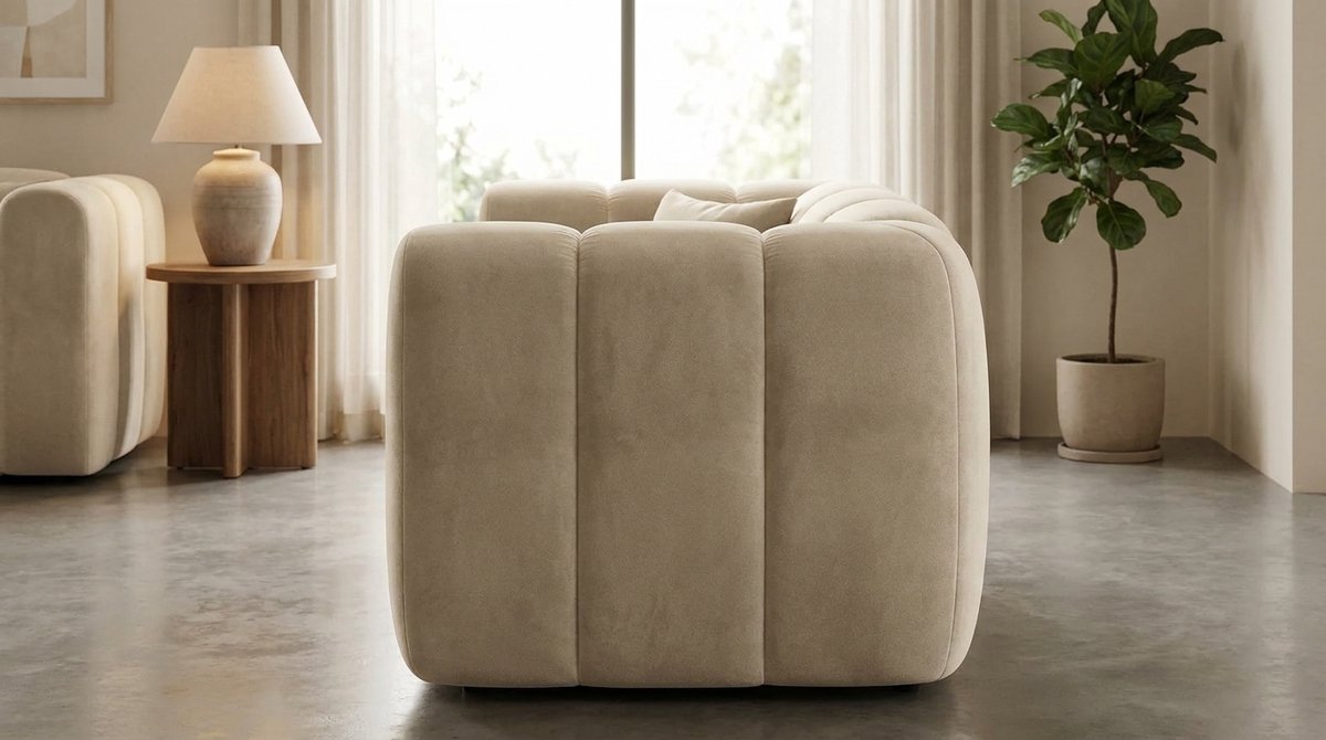 2-Zits Fauteuil - Industrohome GrandElegance Relaxbank Beige Velours/Chenille – Luxe Design Sofa met HR-Schuim, Sierkussens & Scandinavische Lounge Uitstraling voor Woonkamer en Slaapkamer
