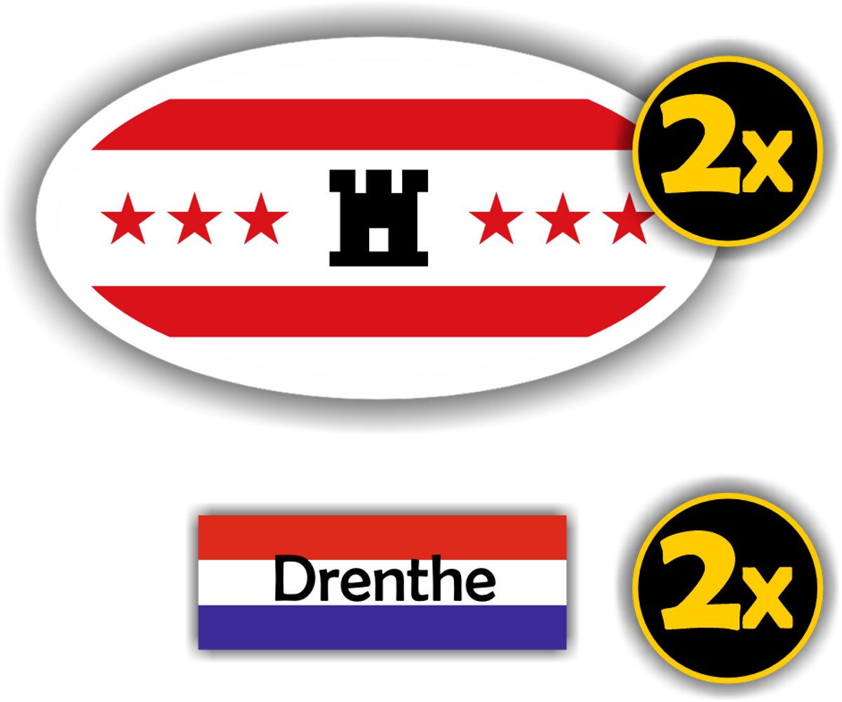 Jerma - Provincie Drenthe vlag - auto sticker - 2x ovaal 13x7 cm - 2st 7x2.5 cm - Vinyl - zelfklevend