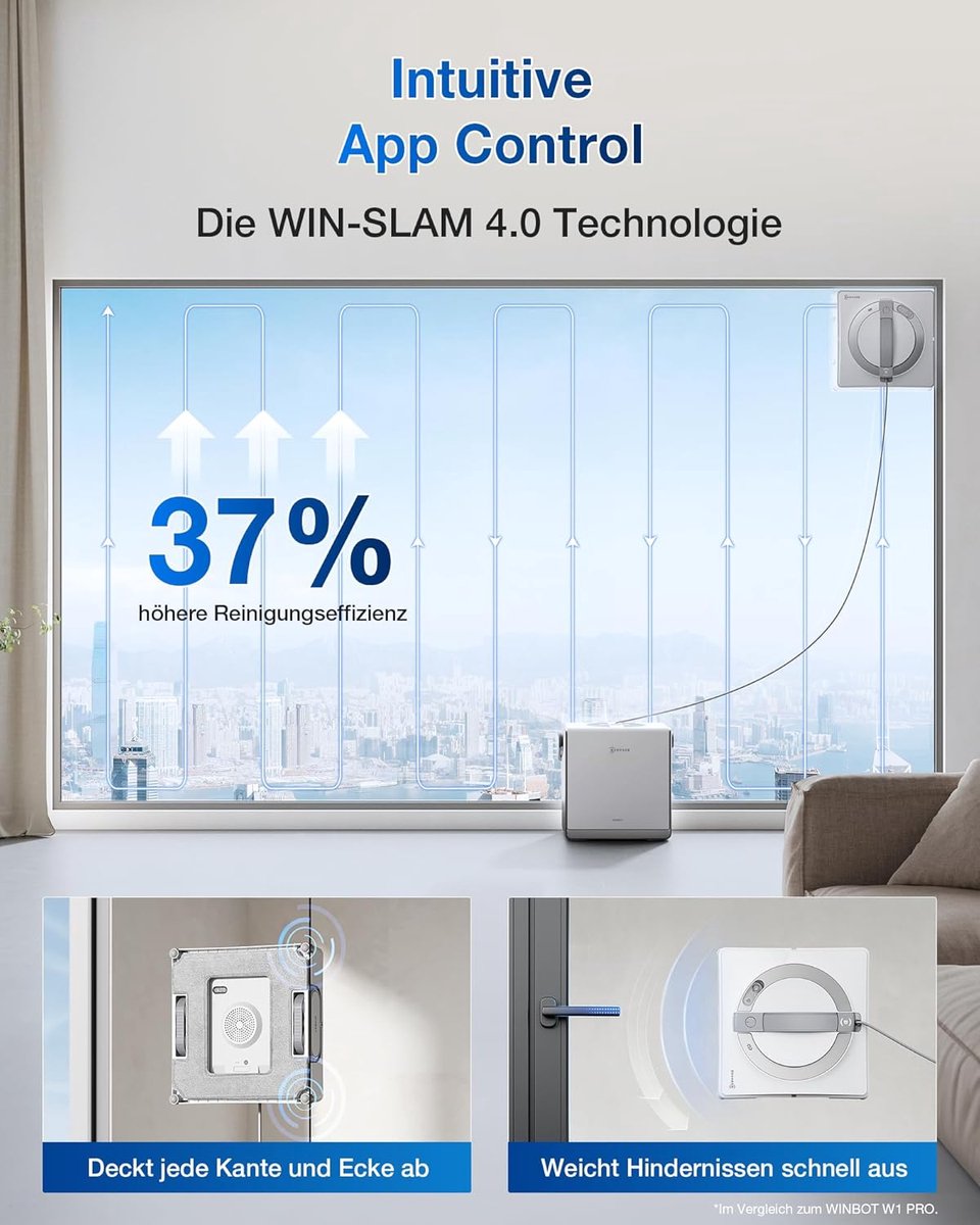 Ecovacs Winbot W2 Pro Omni Robot Ramenreiniger - Ramenwasser - Ruitenreiniger - Win-SLAM 4.0 Intelligente Routeplanning - 12-traps Veiligheidssysteem - Dubbele Stroommodus - Voor Ramen, Spiegels, Glazen Deuren- 1000ml Schoonmaakmiddel thumbnail 6