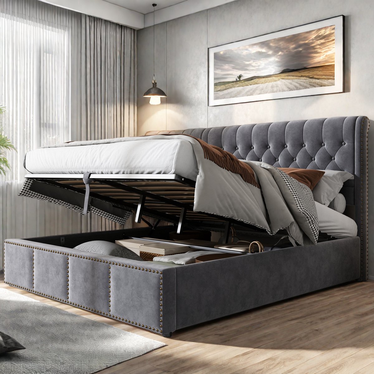 Gestoffeerd bed Boxspring bed 160x200 cm met opbergruimte en lattenbodem,tweepersoonsbed,Opbergbed,jeugdbed rugleuning bedframe,fluwelen,grijs,zonder matras
