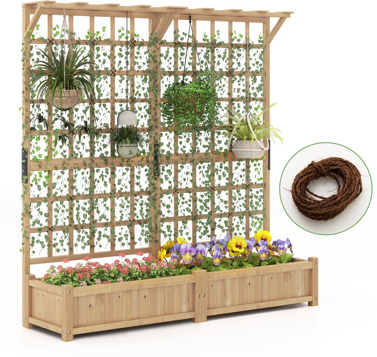 COSTWAY Bloembak met latwerk en dak, dennenhout, verhoogd bloembed met rankrooster, drainagegaten en touw, tuinspalier voor klimplanten, klimhulp, tuin, terras, 180 x 48 x 183 cm, naturel