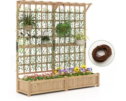 COSTWAY Bloembak met latwerk en dak, dennenhout, verhoogd bloembed met rankrooster, drainagegaten en touw, tuinspalier voor klimplanten, klimhulp, tuin, terras, 180 x 48 x 183 cm, naturel