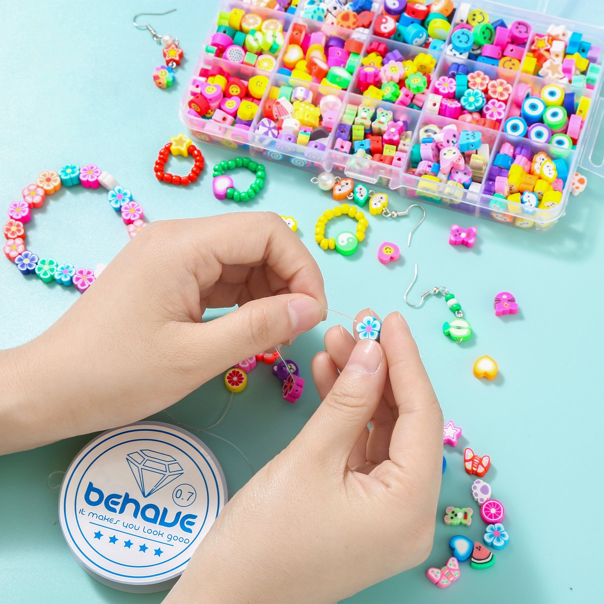Behave Glaskralen & Klei Set Deluxe — 10.753 Kralen — Glaskralen 3 mm + Polymeer Klei 10 mm + Letterkralen + Rijgdraad — afbeelding 6