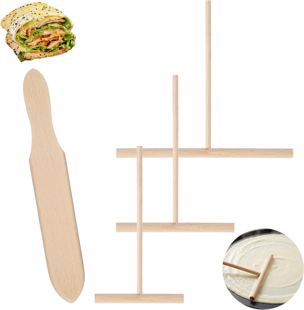Pannenkoek Bakset - Crêpe Gereedschap - Beslag Smeren - 4 Delige Set - 3 Maten Spreiders - Houtkleurig