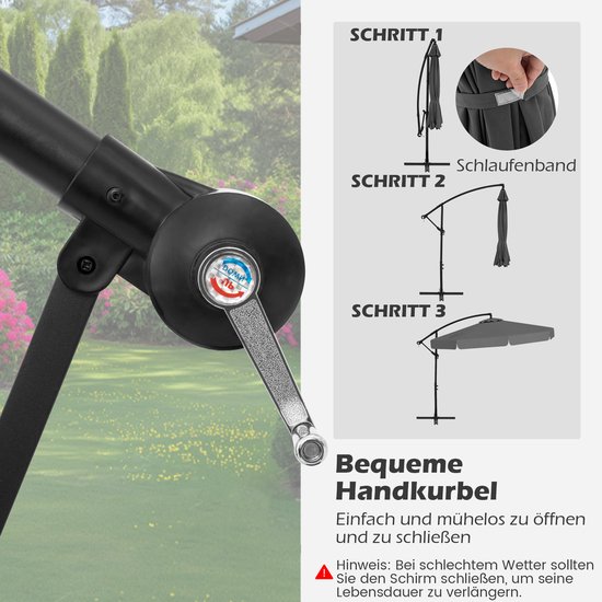 Detail van de slinger van een grijze parasol, met stappen voor het openen en sluiten met een sluitband.