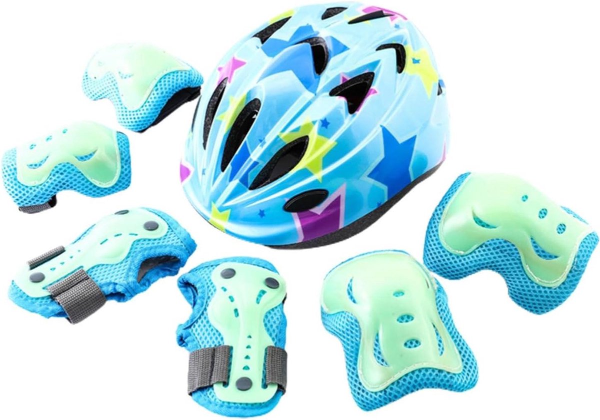Beschermende uitrusting - Helm en beschermers - Veilig sporten - Fluorescerend design - Verstelbaar - Blauw