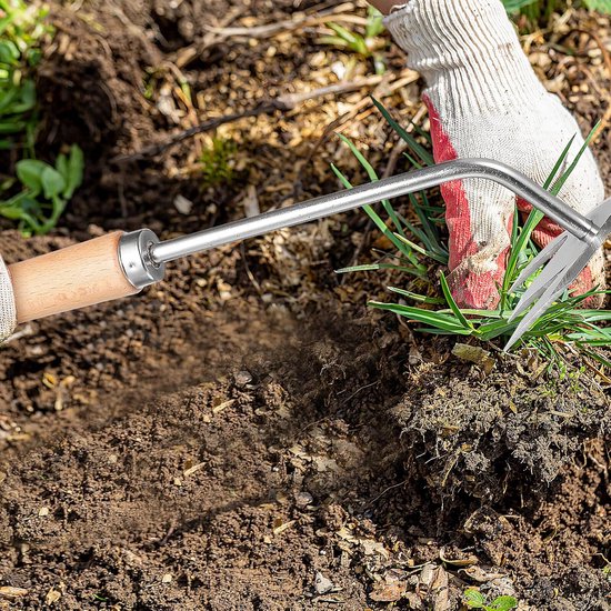 Onkruidverwijderaar Tuin - Handwieder Wortel - Onkruid Wieden - Antislip Houten Handvat - 31.5 cm Lengte - Zilver — afbeelding 2