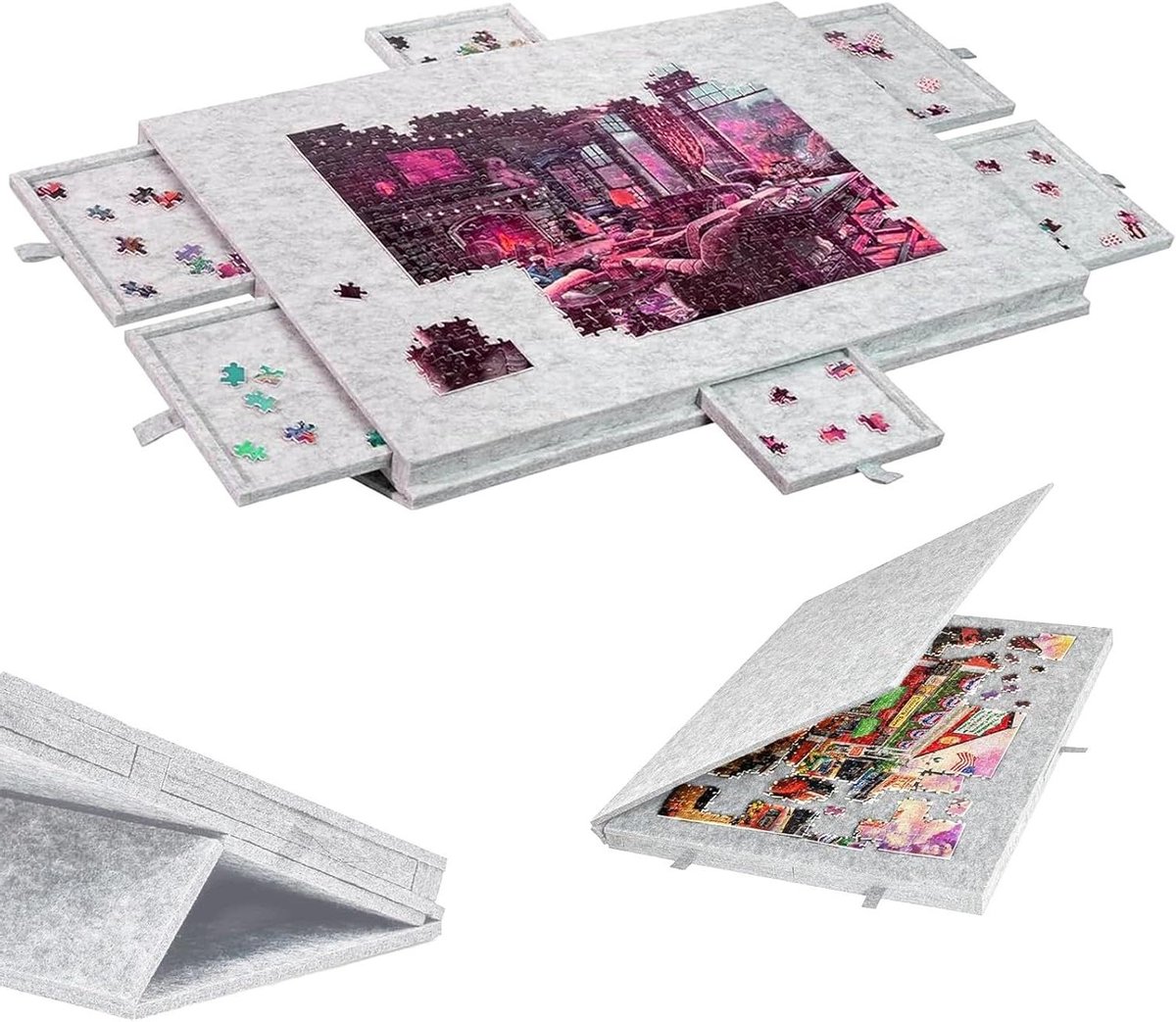 Opvouwbare Puzzelplank - Puzzelbord Met Laden - Puzzels Maken - Met 6 Sorteerladen - Tot 1500 Stukjes - Grijs