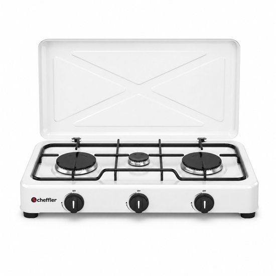 Scheffler Gasfornuis 3-pits – Camping Gasstel – LPG – Met Opklapbare Deksel –Wit- 61 x 35,5 x 8,5 cm