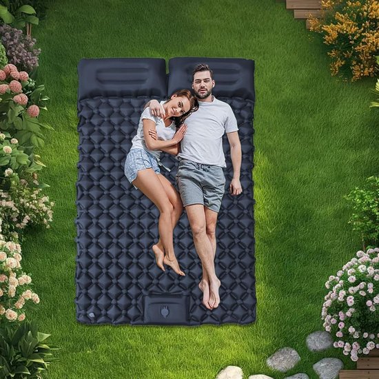 Dubbele Slaapmat - Kampeerbed Buiten - Kamperen en Wandelen - Ingebouwde Voetpomp - 190x120x5cm - Zwart — afbeelding 5