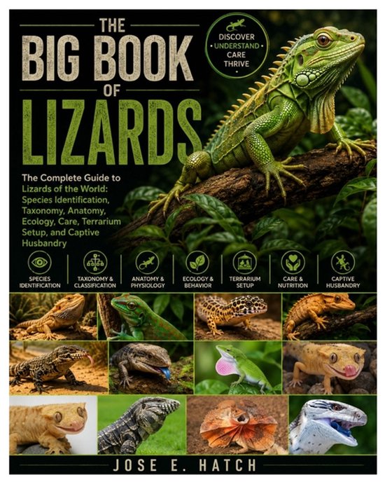 Boekomslag 'The Big Book of Lizards' met een groene leguaan op een tak, omringd door afbeeldingen van verschillende hagedissen.