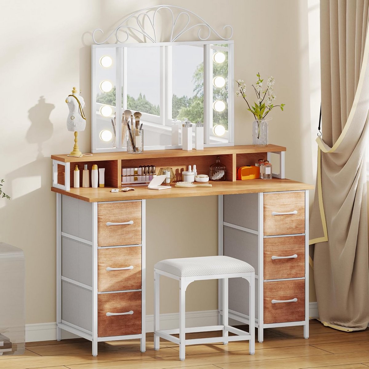 Make-uptafel met Verlichting, Spiegel en Opbergruimte